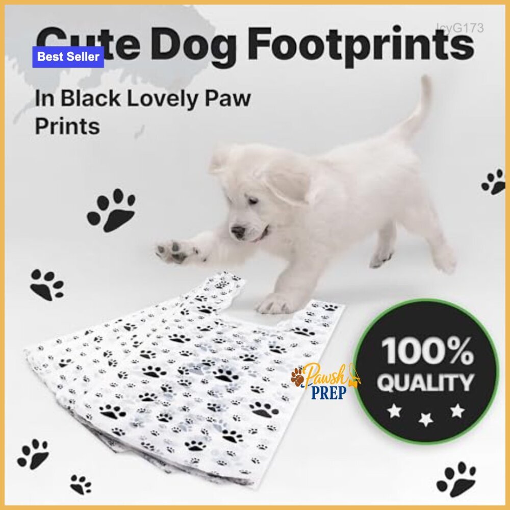 100 Pack Plastic T-Shirt Bags with Paw Print Design 22x12x7 - Picture 4 of 6